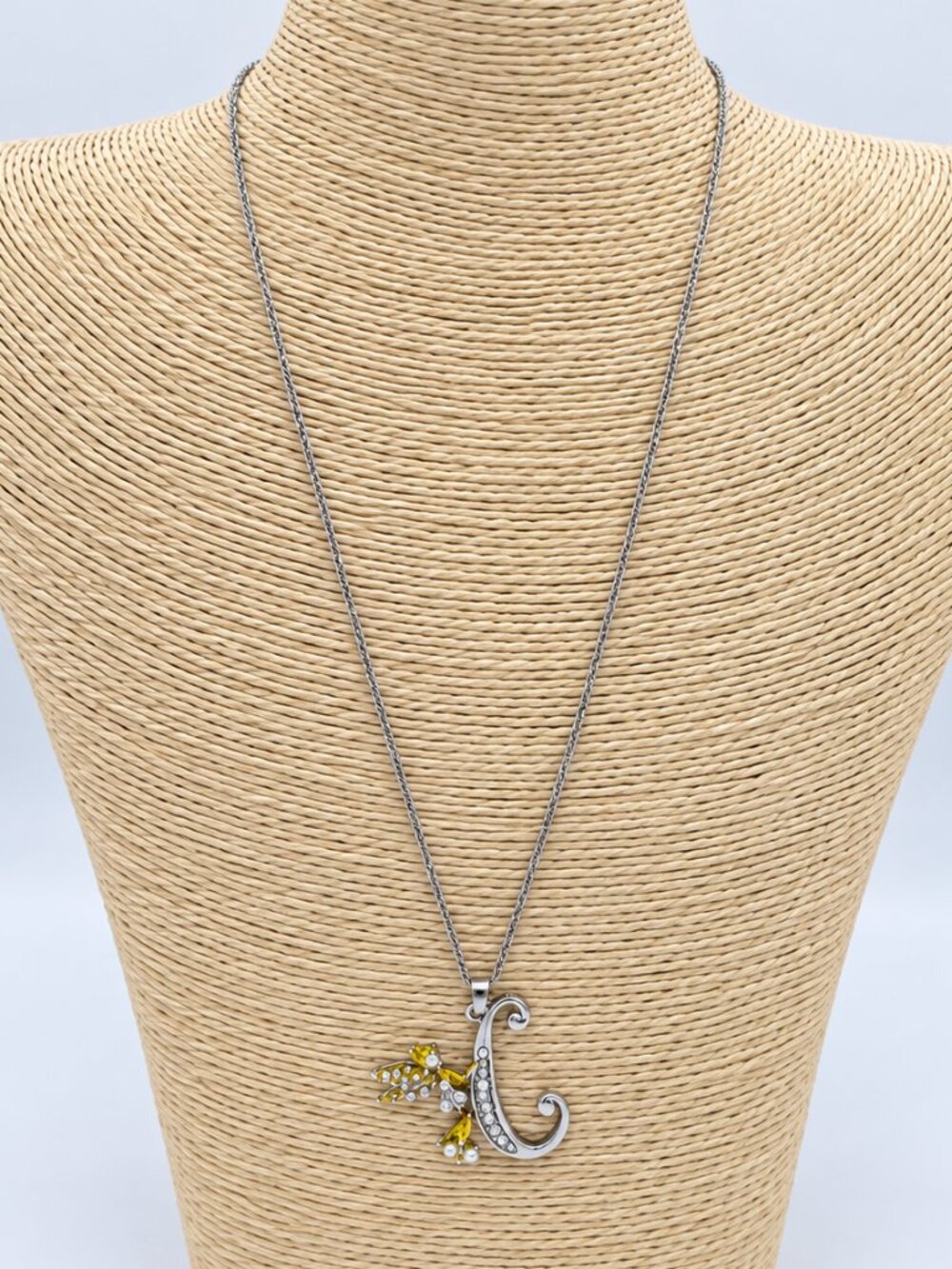 Fairy Letter C Pendant Necklace Silver Tone Yellow Crystal Accent